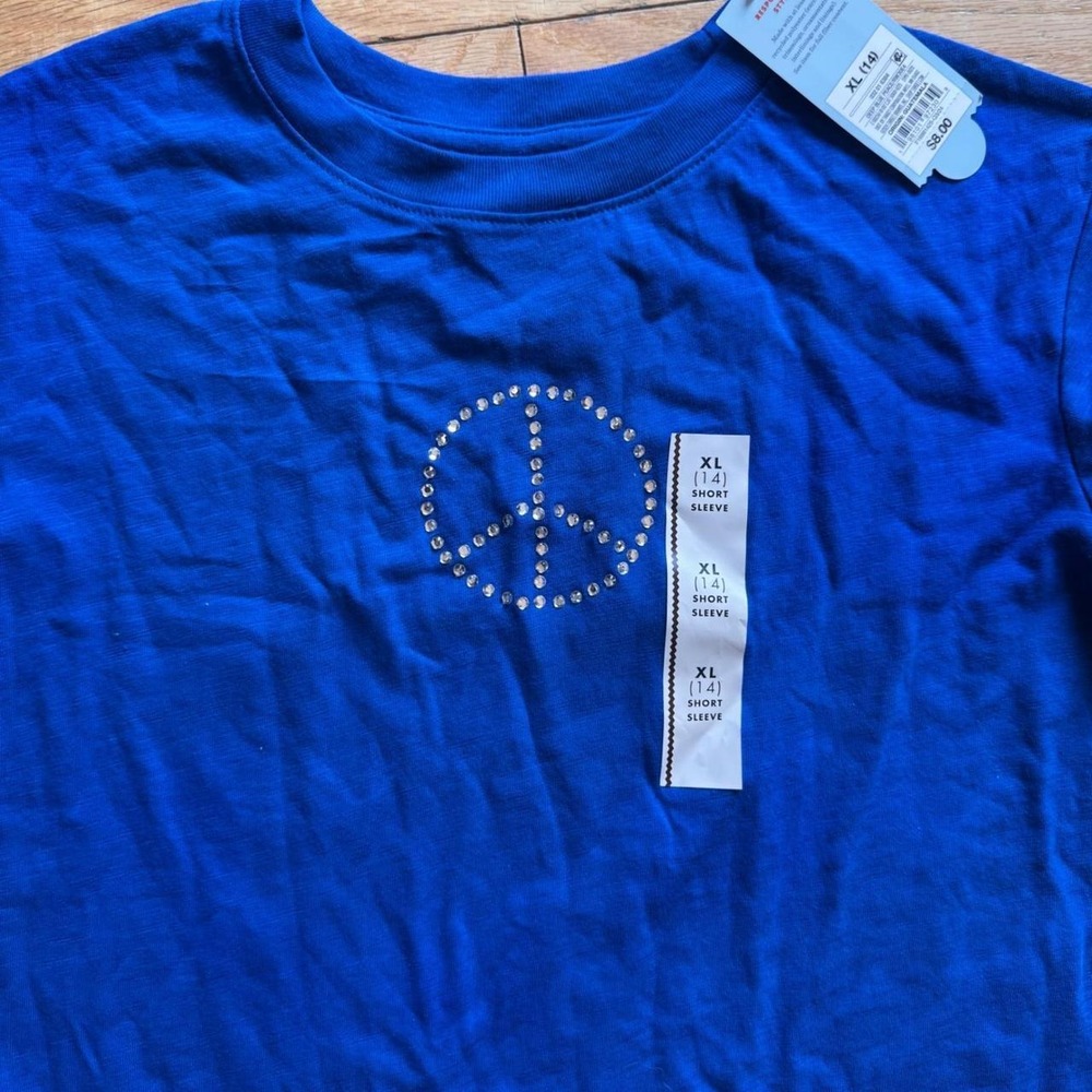 Cat & Jack Girls Blue Rhinestone Peace Sign Graphic T-Shirt XL 14 NWT